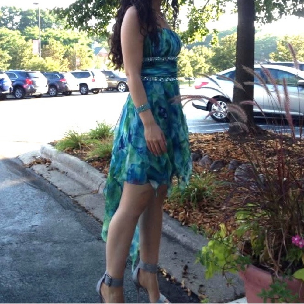 Prom Dress Elegant Blue Green Strapless Dress / With Straps Le Château High Low